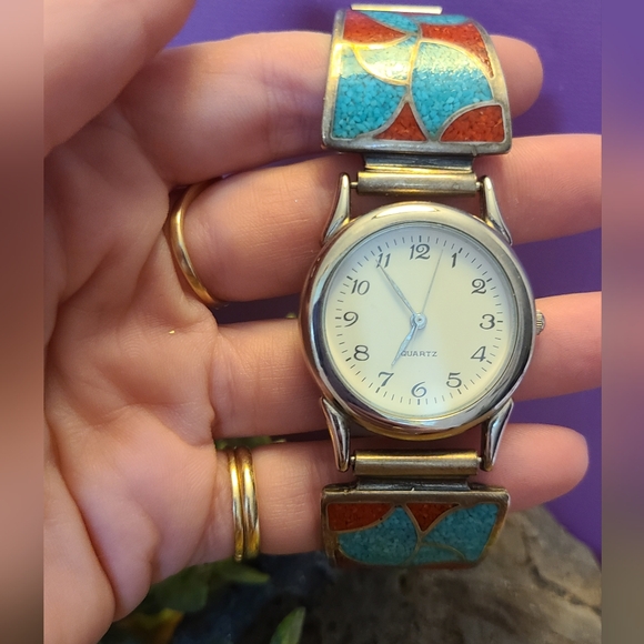 Vintage Navajo Turquoise and Coral Inlay Watch Band with Watch